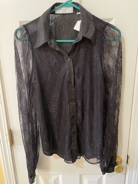 Equipment Femme Black Lace Sheer Button Down Blouse Size